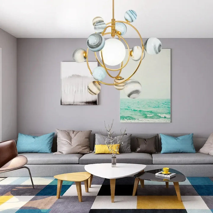 Suspension luminaire moderne avec boules en verre marbré bleu