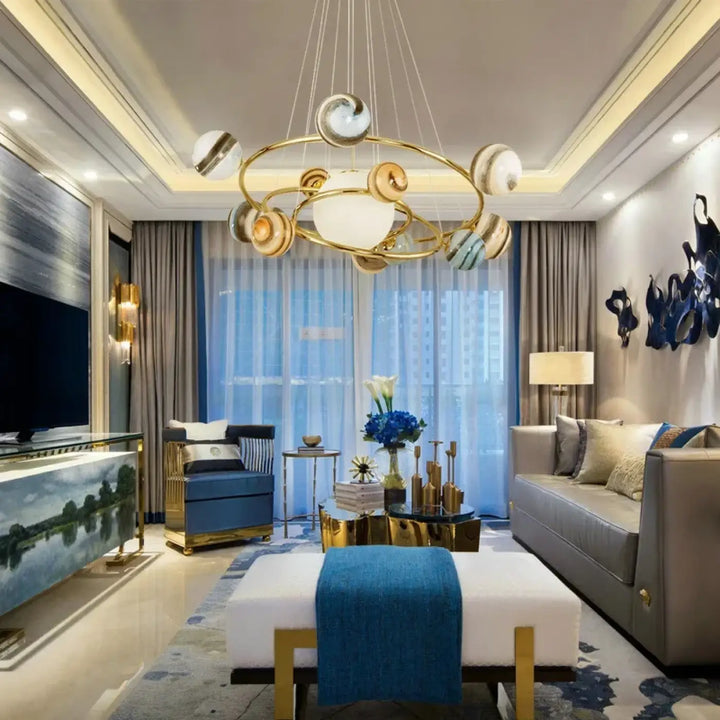 Suspension luminaire moderne avec boules en verre marbré bleu