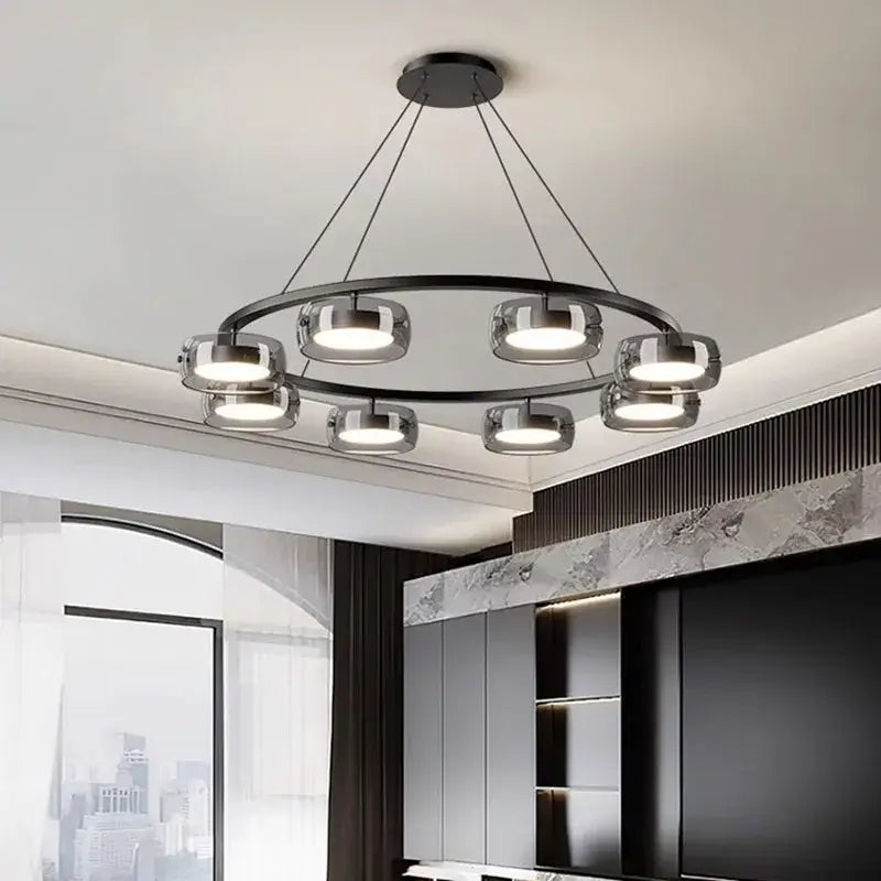 Suspension Luminaire Moderne Design Anneau Noir Avec Spots LED

