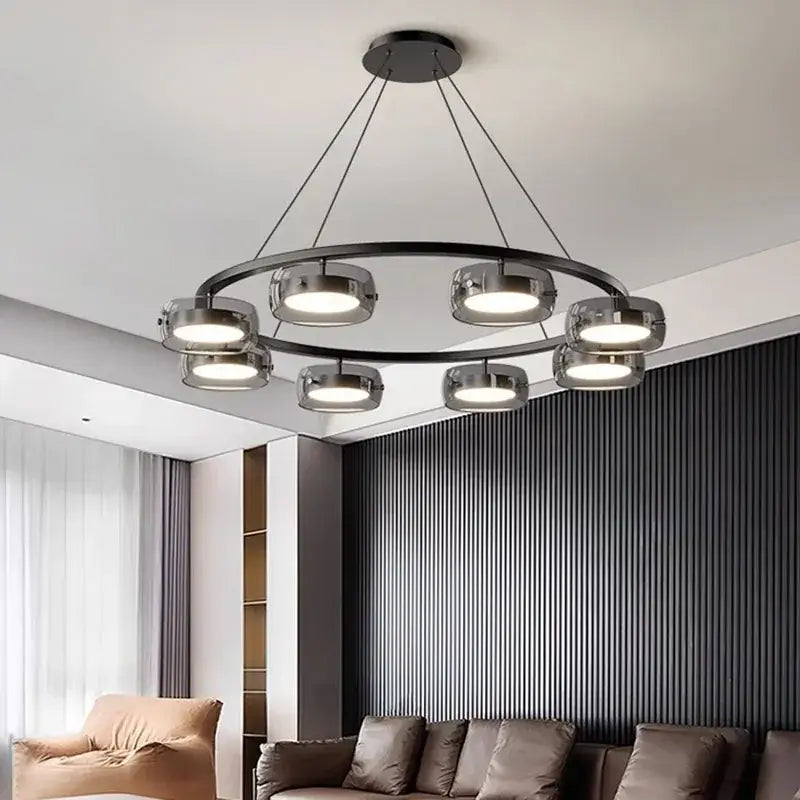 Suspension Luminaire Moderne Design Anneau Noir Avec Spots LED

