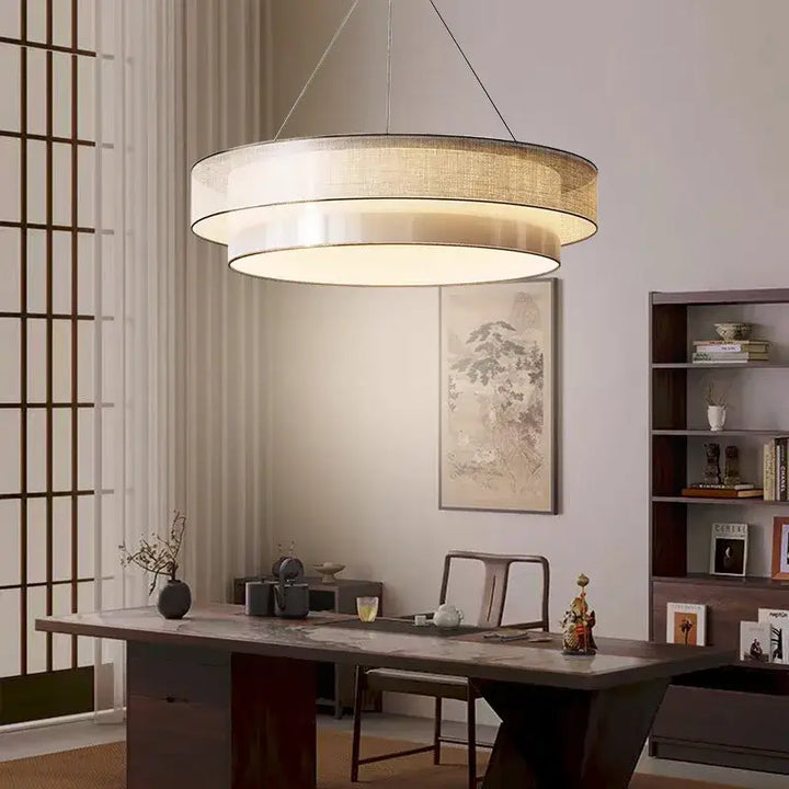 Suspension Luminaire Moderne Design Rond En Tissu Beige

