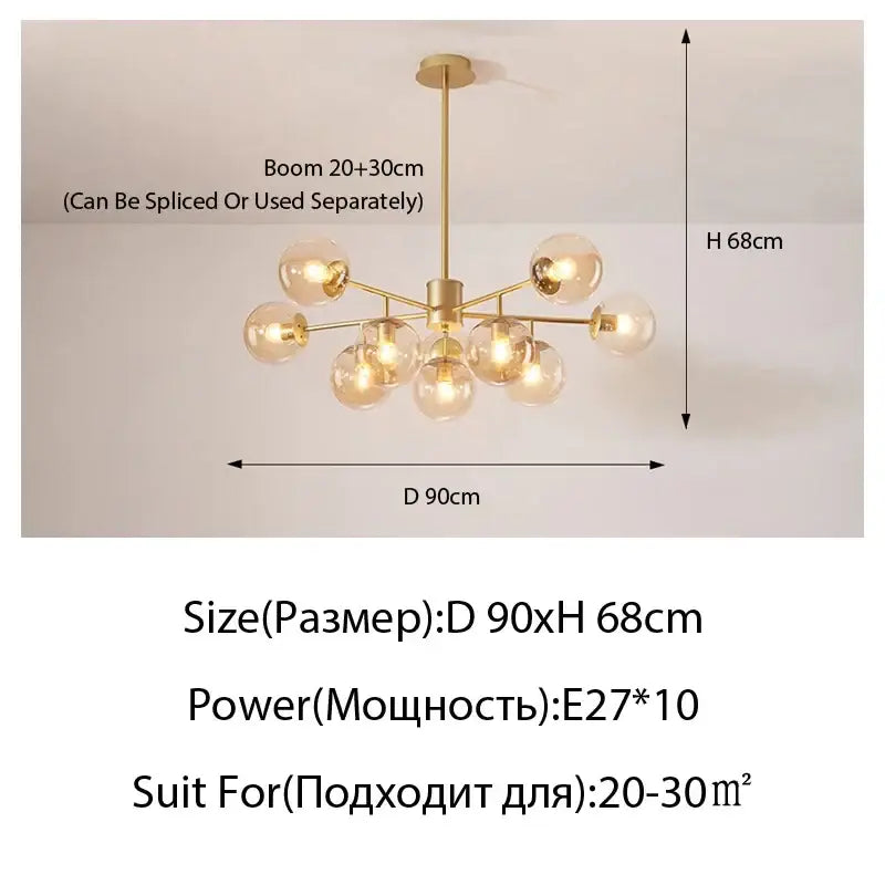 Suspension moderne dorée à globes en verre décoratif