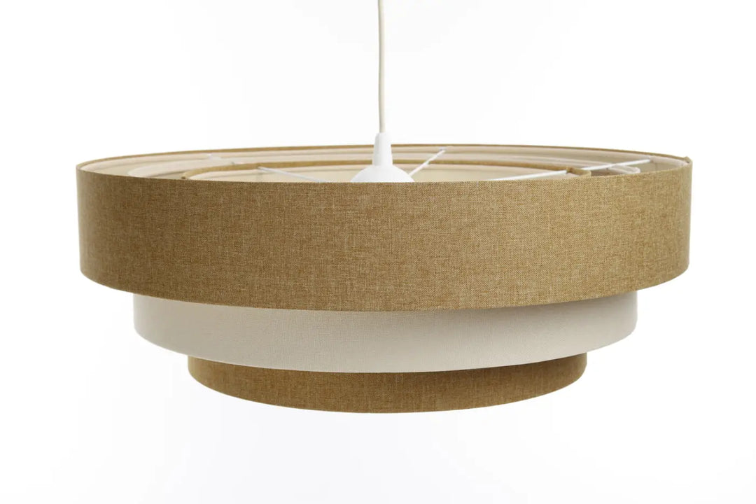 Suspension luminaire moderne triniti boho élégant avec abat-jour en tissu beige et anneaux intérieurs blancs