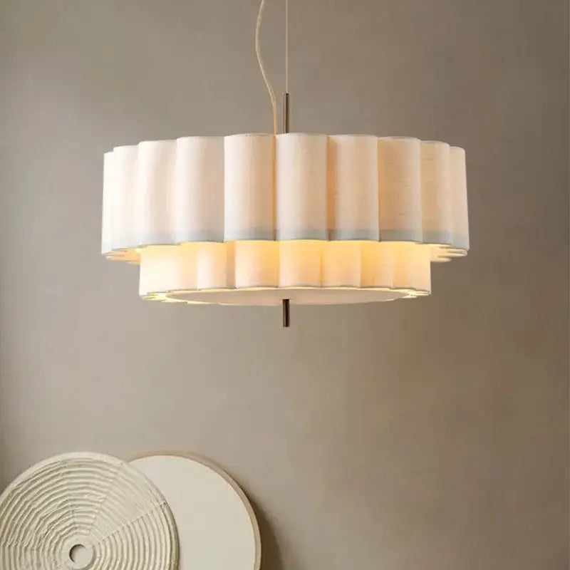 Suspension Luminaire Moderne En Tissu Plissé Beige Élégant