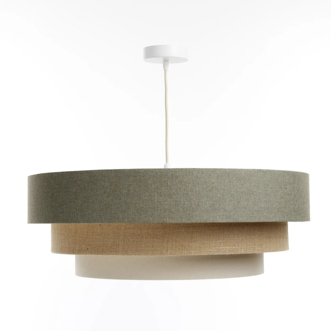 Suspension luminaire moderne triniti boho elegant vert gris avec abat-jour texturé gris, couche moyenne en burlap naturel, base crème lisse