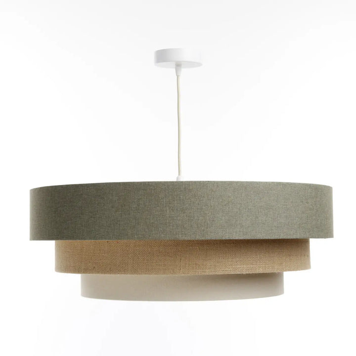Suspension luminaire moderne triniti boho elegant vert gris avec abat-jour texturé gris, couche moyenne en burlap naturel, base crème lisse