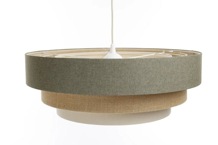 Suspension luminaire moderne triniti boho elegant avec abat-jour en tissu texturé vert gris crème beige sur base blanche