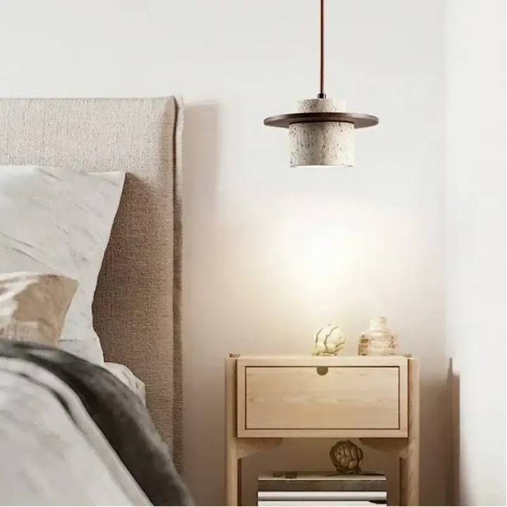 Suspension luminaire naturelle en pierre texturée et bois naturel