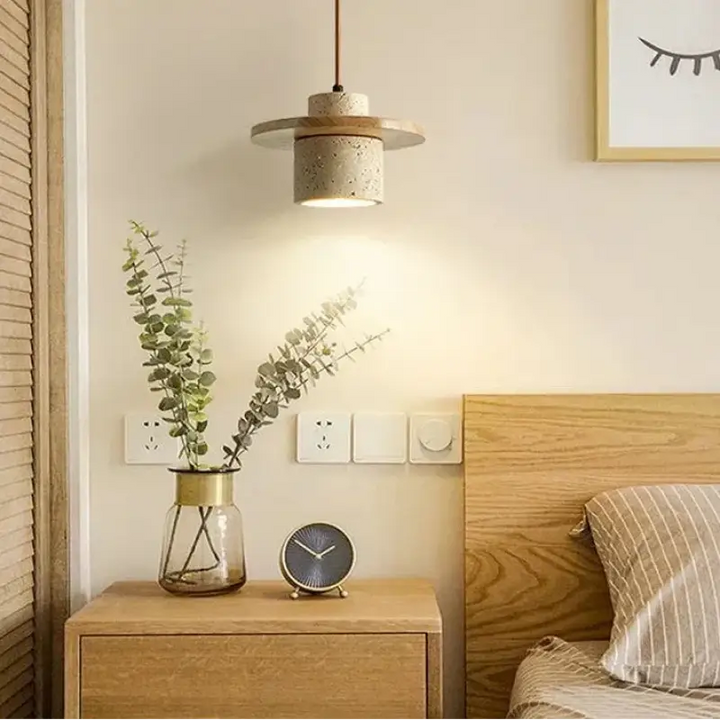 Suspension luminaire naturelle en pierre texturée et bois naturel