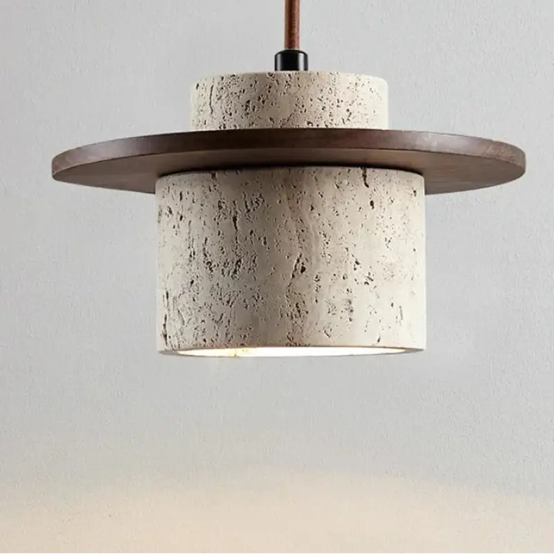 Suspension luminaire naturelle en pierre texturée et bois naturel