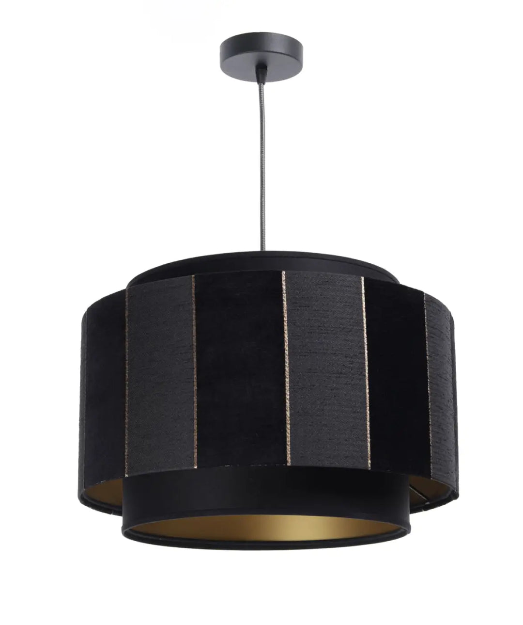 Suspension luminaire noir doblo en velours noir avec doublure intérieure dorée et accents métalliques verticaux