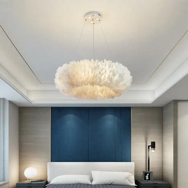 Suspension luminaire plume circulaire disponible en gris ou blanc

