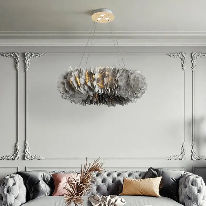 Suspension luminaire plume circulaire disponible en gris ou blanc

