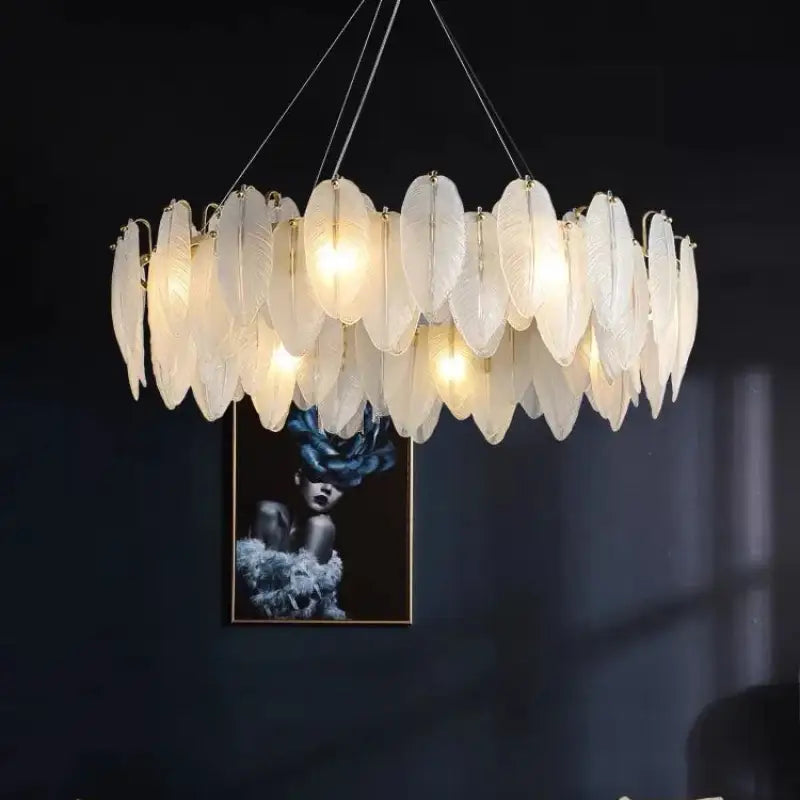 Suspension Luminaire Plume En Verre Élégante Et Blanche