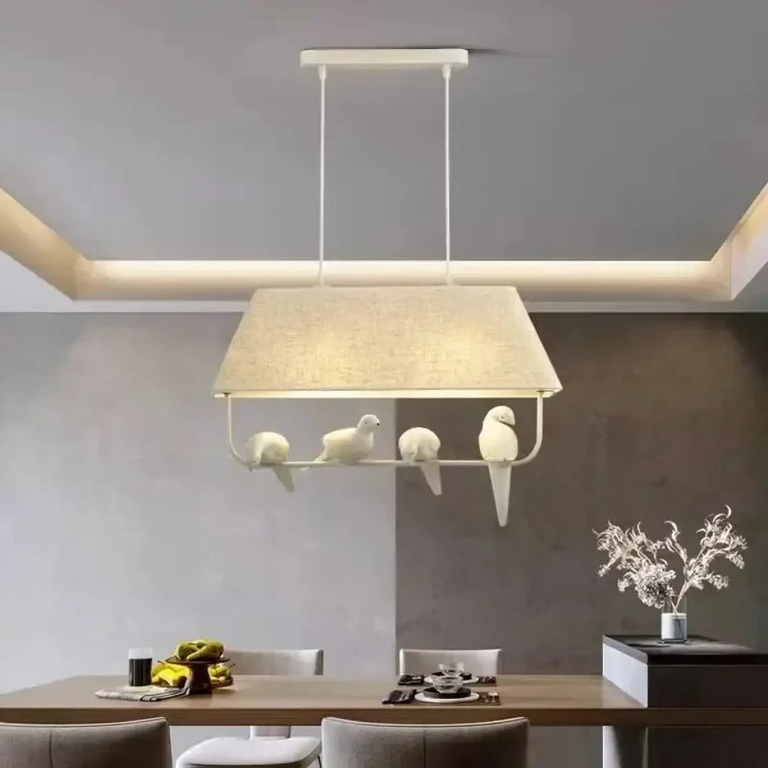 Suspension luminaire rectangulaire blanc avec abat-jour en tissu et oiseaux en céramique lumibird