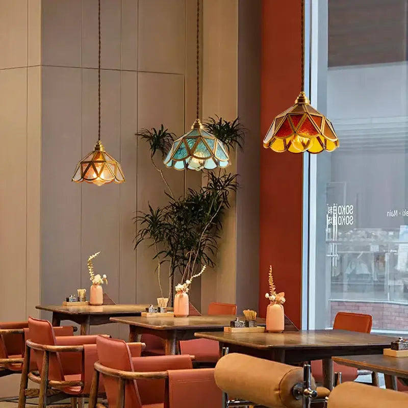 Suspension luminaire rétro en verre multicolore vitrail design