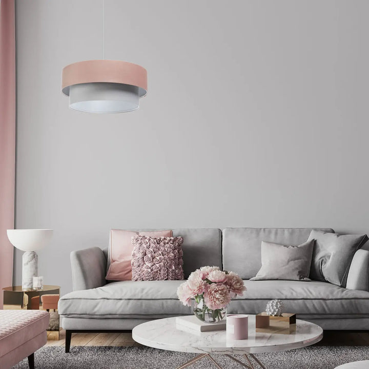 Suspension luminaire duo jasmin avec abat-jour rose doux et gris mat suspendue au plafond