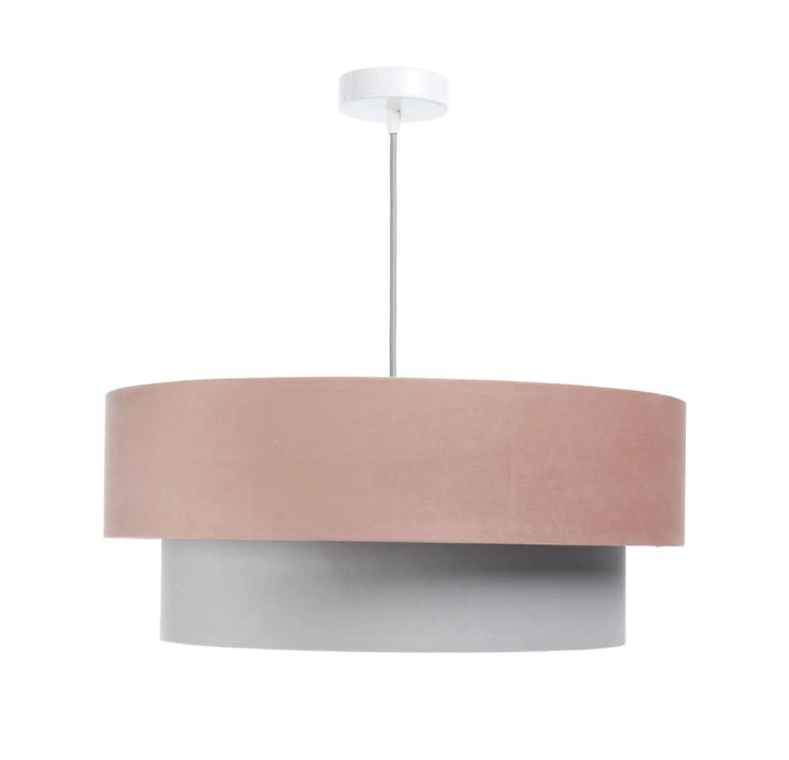 Suspension luminaire duo jasmin avec abat-jour rose et gris mat en deux niveaux suspendue par tige métallique fine