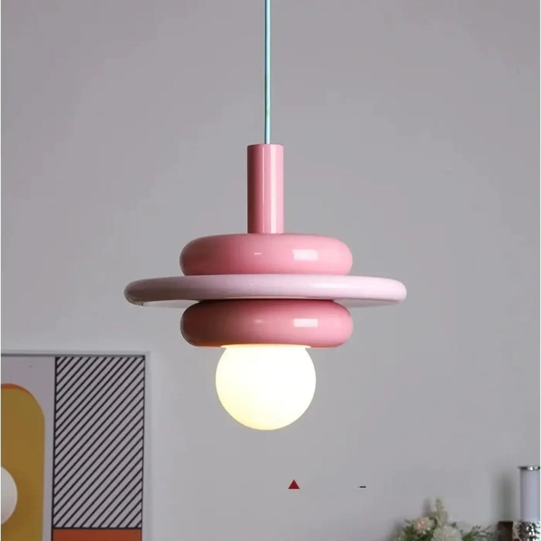 Suspension luminaire olya rose poudré avec anneaux céramiques brillants et ampoule blanc chaud pour décoration intérieure