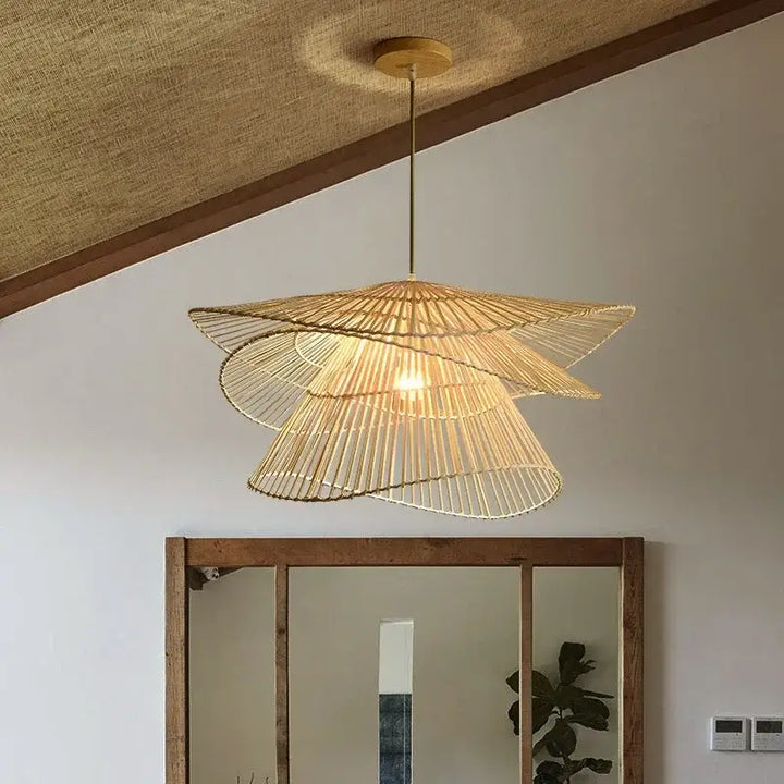 Suspension luminaire rotin en 3 étages pour salle à manger tendance

