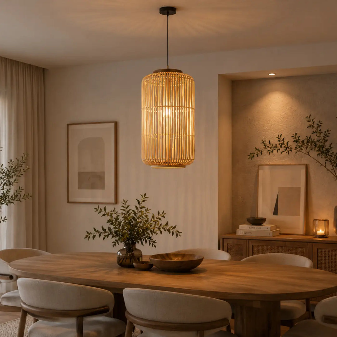 Suspension luminaire warm-toned en rotin tissé naturel pour décoration intérieure en bambou