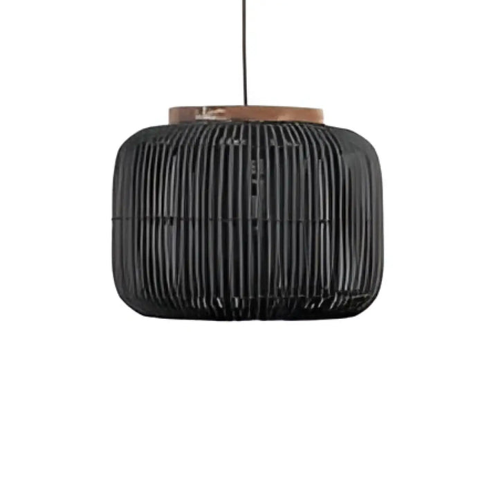 Suspension luminaire solea en rotin tissé noir avec un dessus en bois pour décoration intérieure élégante