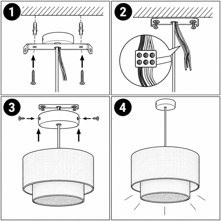 Suspension luminaire duo rotin moderne à deux niveaux avec abat-jour en tissu texturé jaune beige écru et structure métal