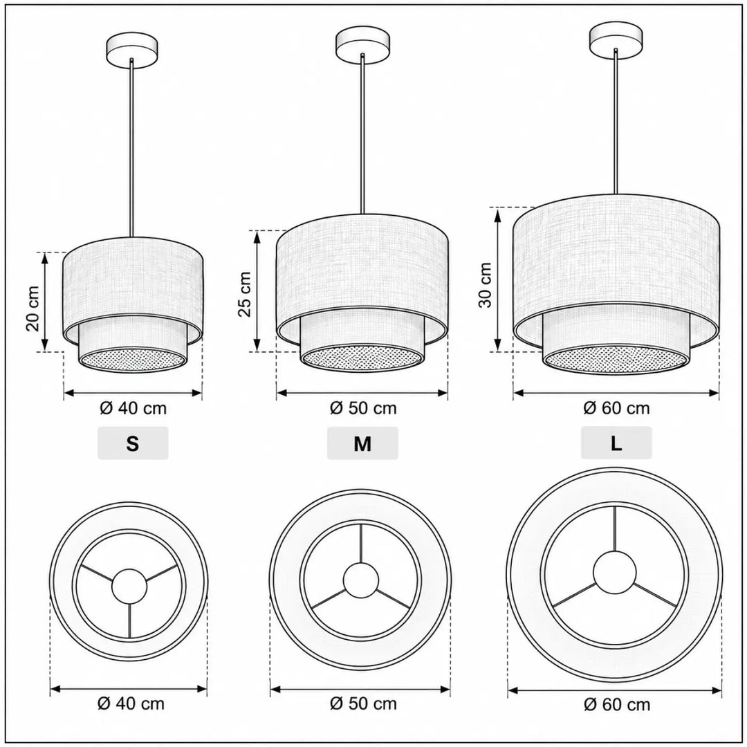 Suspension luminaire duo rotin avec abat-jours cylindriques en tissu texturé jaune beige et écru en trois tailles
