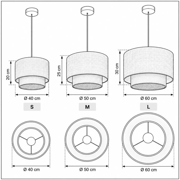 Suspension luminaire duo rotin avec abat-jours cylindriques en tissu texturé jaune beige et écru en trois tailles