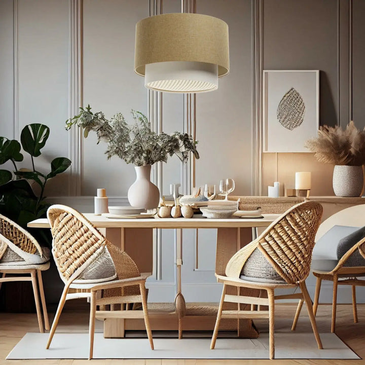 Chaise de salle à manger en rotin tressé avec assise coussinée gris clair près d une suspension luminaire rotin jaune moutarde crème