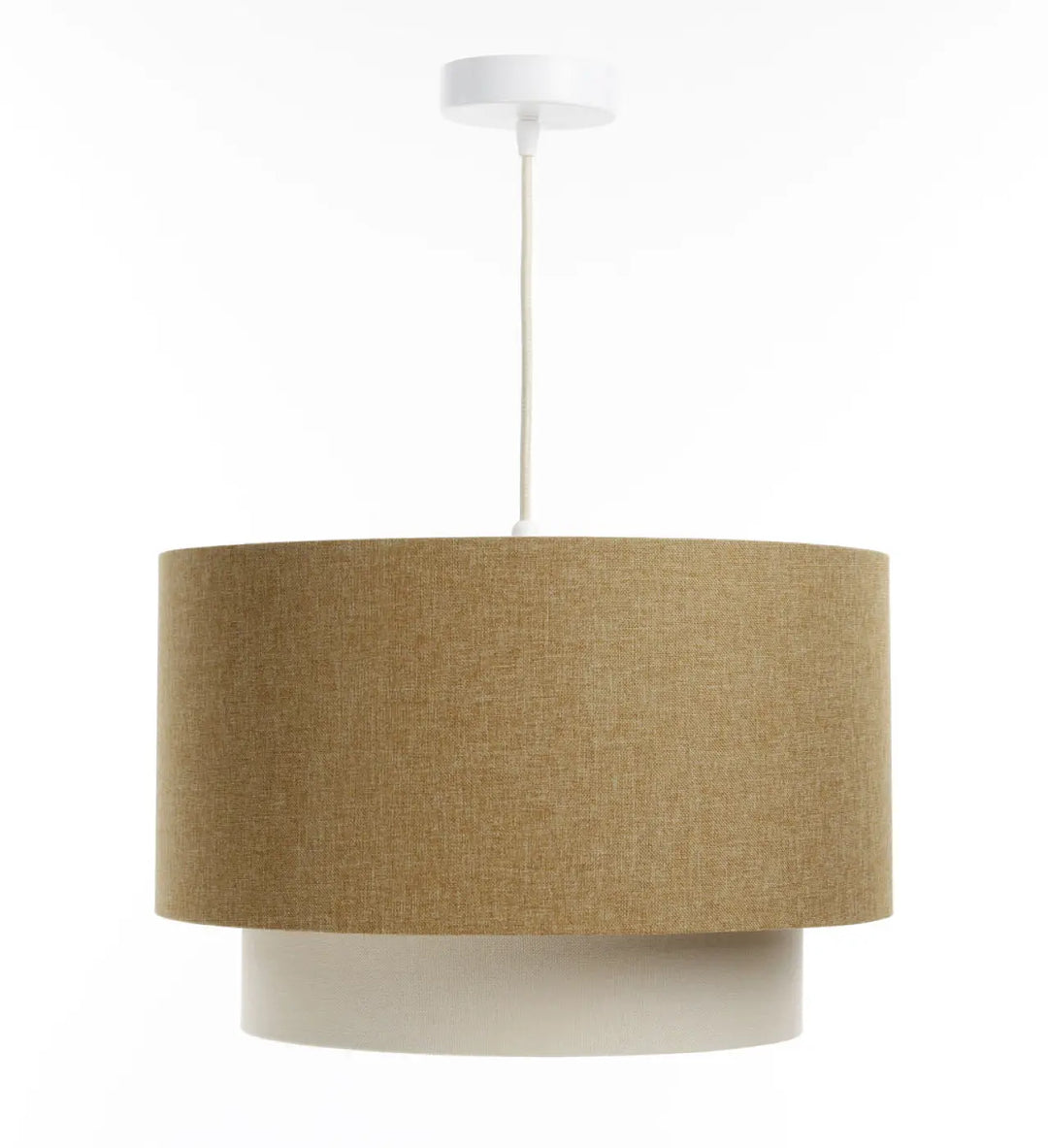 Suspension luminaire cylindrique en lin tan avec base blanche et diffuseur rotin ecru pour éclairage intérieur