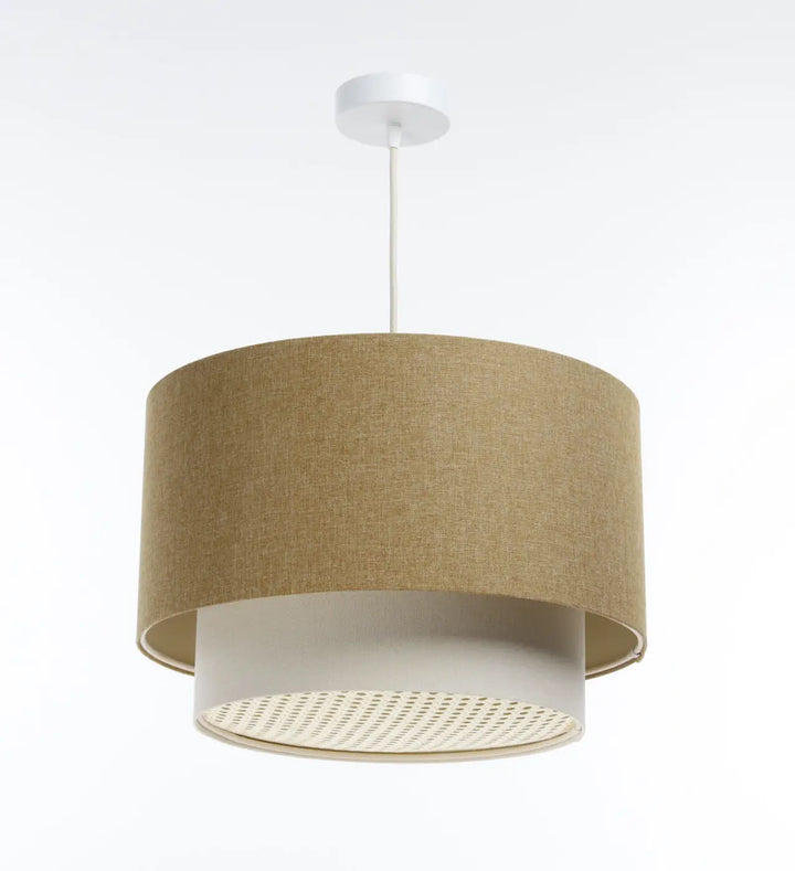 Suspension luminaire en lin couleur jaune moutarde avec diffuseur rotin crème perforé et fixation au plafond assortie