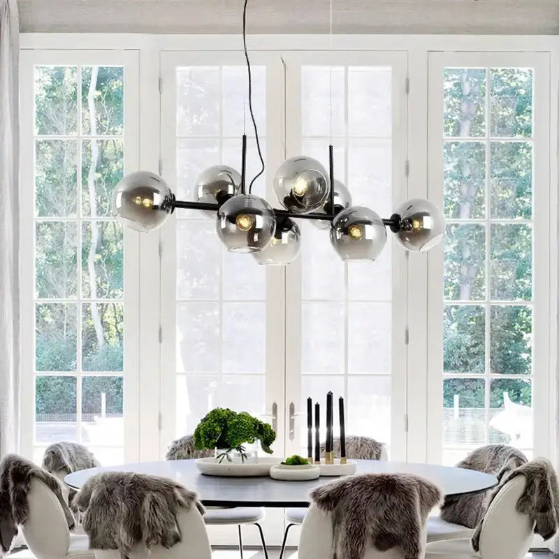 Suspension luminaire scandinave avec 8 boules en verre teinté noir

