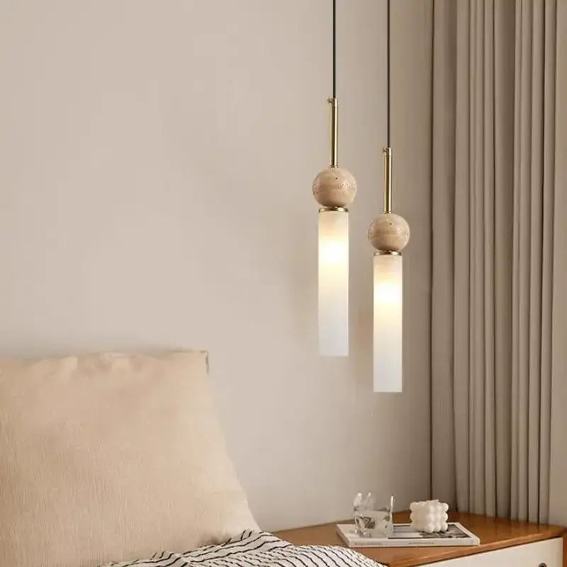 Suspension luminaire scandinave en pierre bois et en verre opale