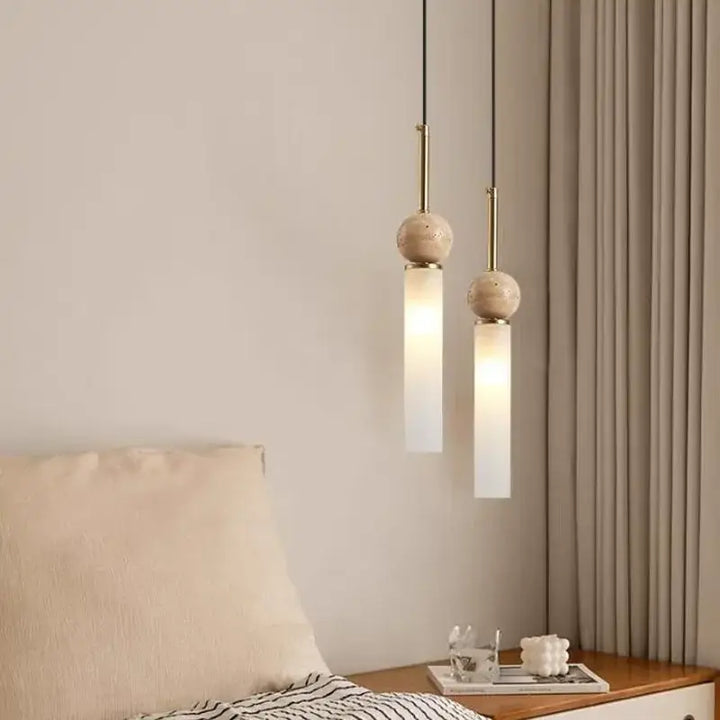 Suspension luminaire scandinave en pierre bois et en verre opale
