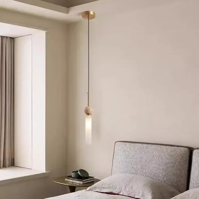 Suspension luminaire scandinave en pierre bois et en verre opale