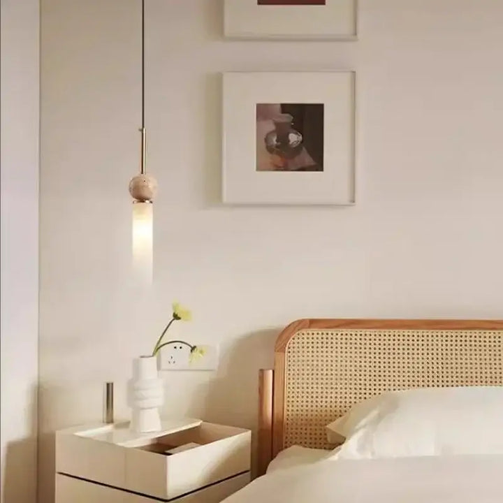 Suspension luminaire scandinave en pierre bois et en verre opale