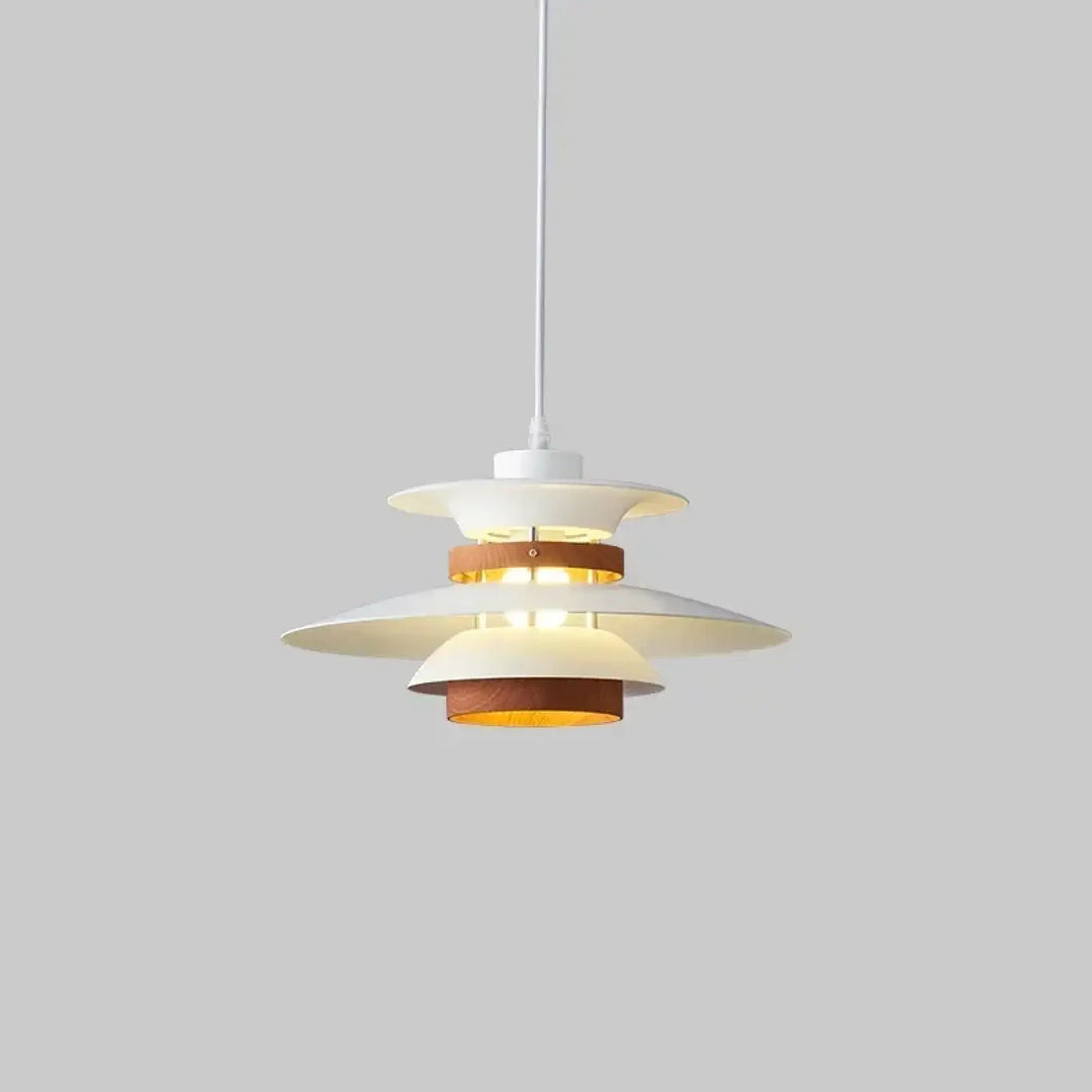 Suspension luminaire stratis avec design superposé moderne en blanc et brun chaud dans un style suspension luminaire scandinave