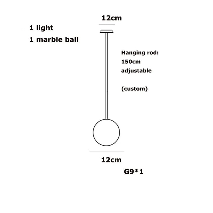 Suspension luminaire sculpturale sitoko en marbre blanc avec boule de 12 cm albâtre flottant et tige réglable 150 cm