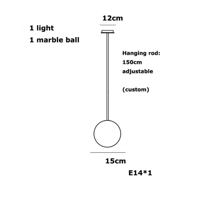 Suspension luminaire sculpturale sitoko avec boule en marbre blanc de 15 cm et tige réglable de 150 cm pour un espace d’exception