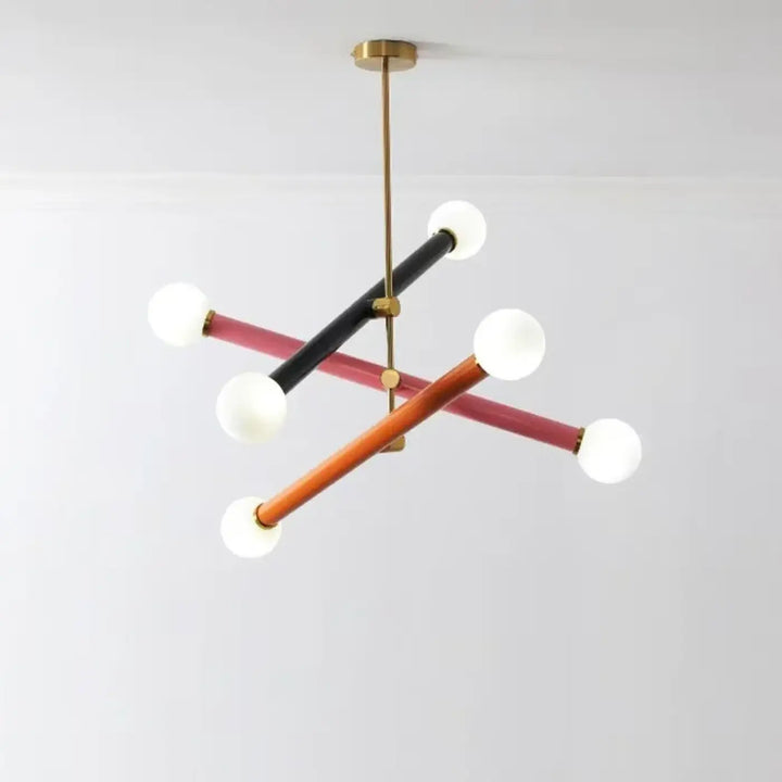 Suspension luminaire TSARA avec luminaire diffuse style moderne en laiton, tiges noires et bois de rose, six globes en verre dépoli
