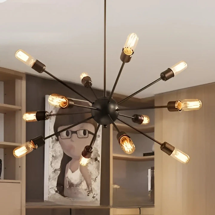 Suspension luminaire spyka en métal noir avec structure géométrique et ampoules à filament apparentes pour style industriel
