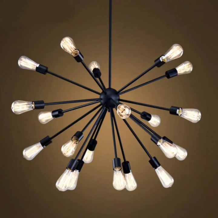 Suspension luminaire spyka en métal noir avec structure géométrique en étoile et ampoules à filament exposées