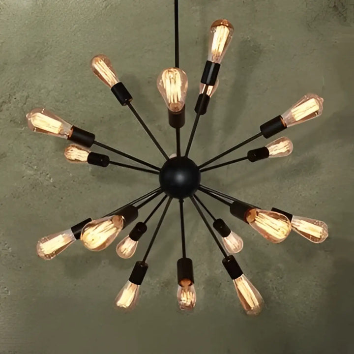 Suspension luminaire spyka en métal noir avec structure géométrique et multiples ampoules à filament apparentes