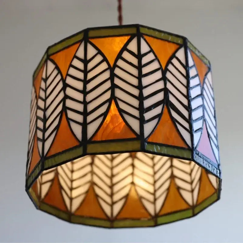 Suspension luminaire style tiffany verre ambré motif feuille vintage