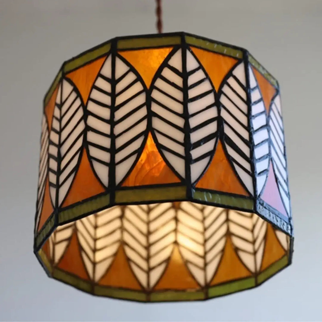 Suspension luminaire style tiffany verre ambré motif feuille vintage