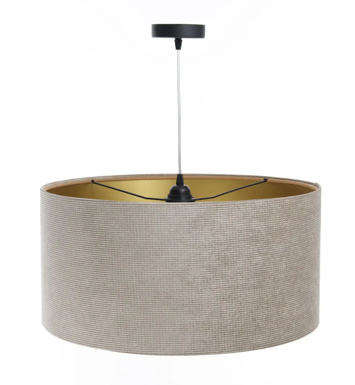 Suspension luminaire en tissu beige avec abat-jour en velours structuré gris et fixation en métal noir style moderne chic