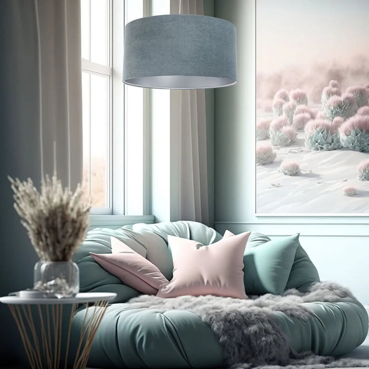 Suspension luminaire gris avec abat-jour cylindrique en tissu bleu gris glamour structural velour