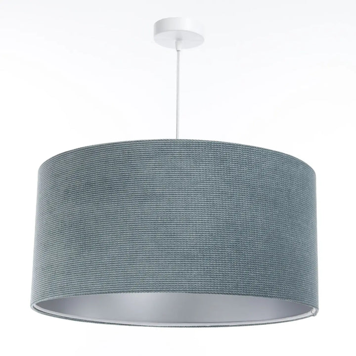 Suspension luminaire avec abat-jour cylindrique bleu gris en tissu velours texturé et nervuré