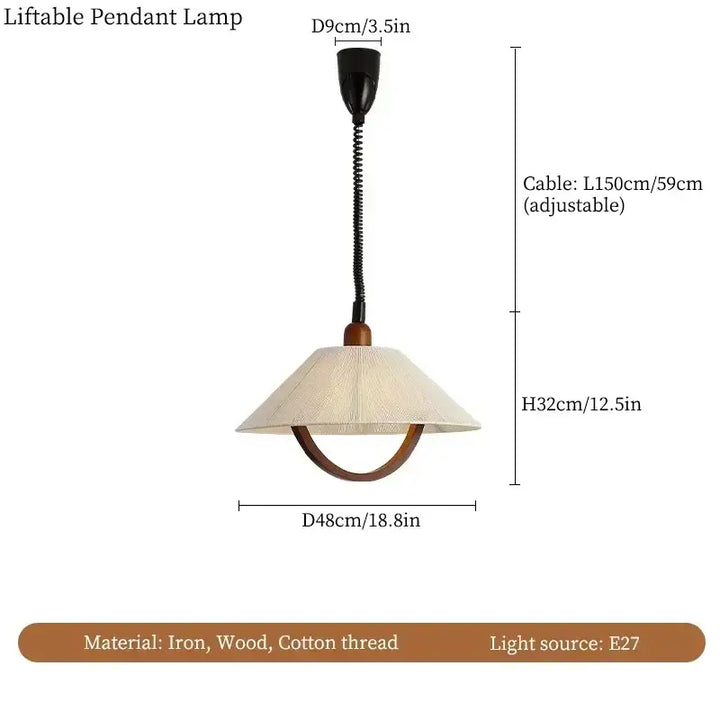 Suspension luminaire tissu avec détail bois courbé naturel